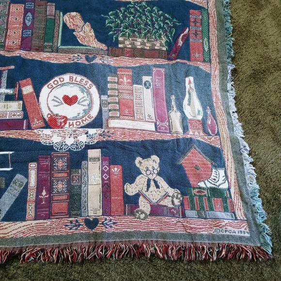 Bookcase Afghan CFCA Throw Blanket God Bless Our Home Teddy Bear Plane Book (su1 - Picture 5 of 7